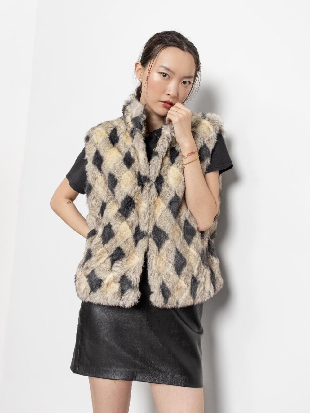FAUX FUR VEST Checkered Diamond Vintage / Medium Large